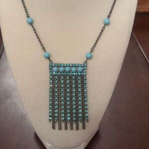 Boho Glam Turquoise Crystal Fringe 15” Statement Necklace – Gunmetal Finish